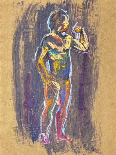 pastel drawing of male model flexing bicep