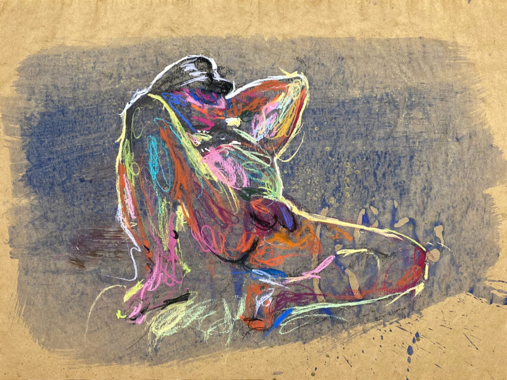 pastel drawing of nude male model in leather fetish hat