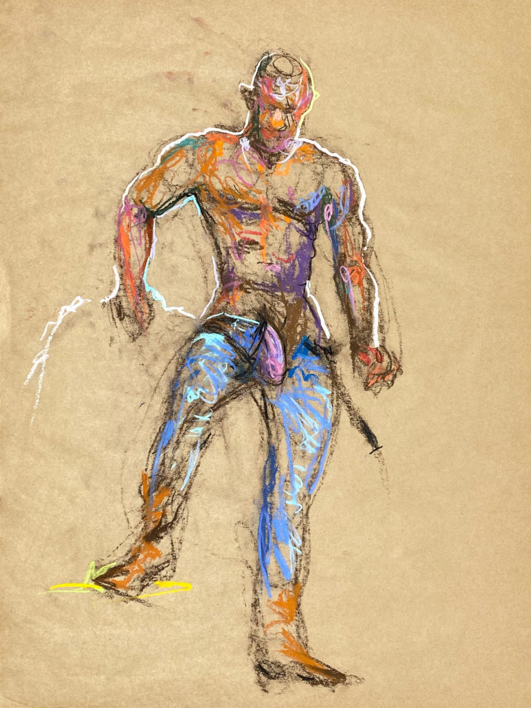 pastel drawing of male model in blue jeans and suede boots