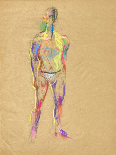 pastel drawing of male model in white briefs