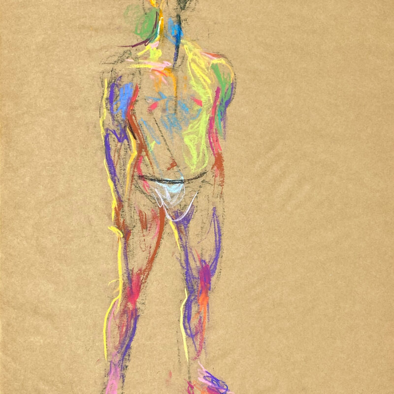 pastel drawing of male model in white briefs