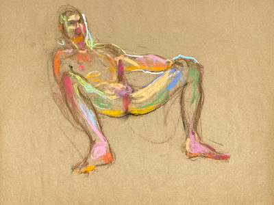 pastel drawing of naked male model playing with himself