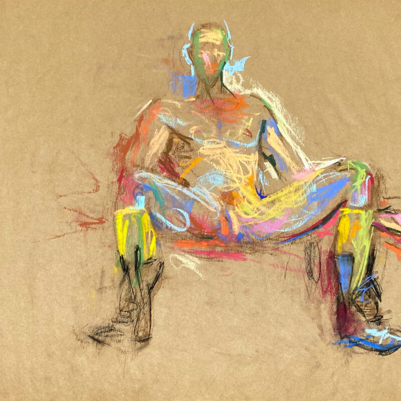 pastel drawing of naked male model in boots and yellow gaiters
