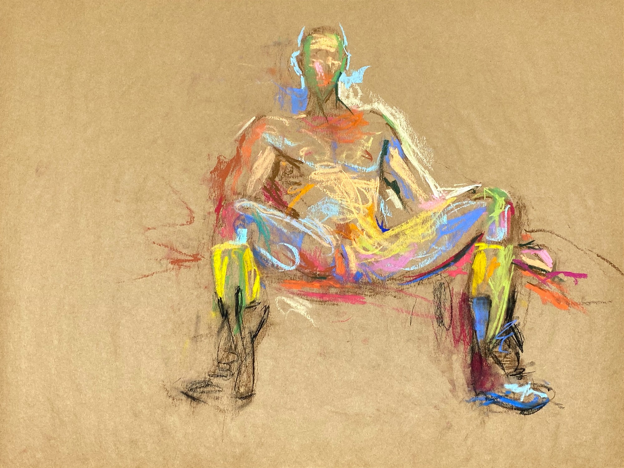 pastel drawing of naked male model in boots and yellow gaiters