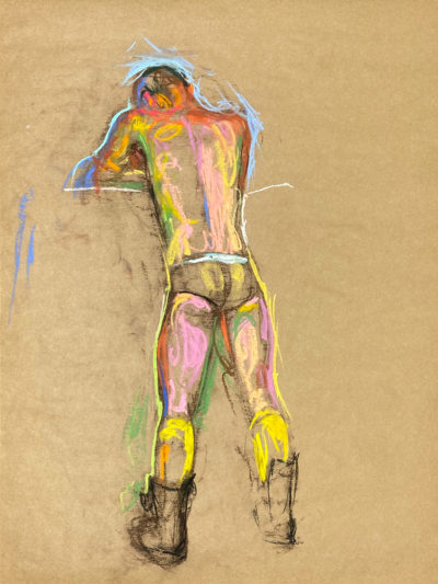 pastel drawing of male model in semi opaque briefs