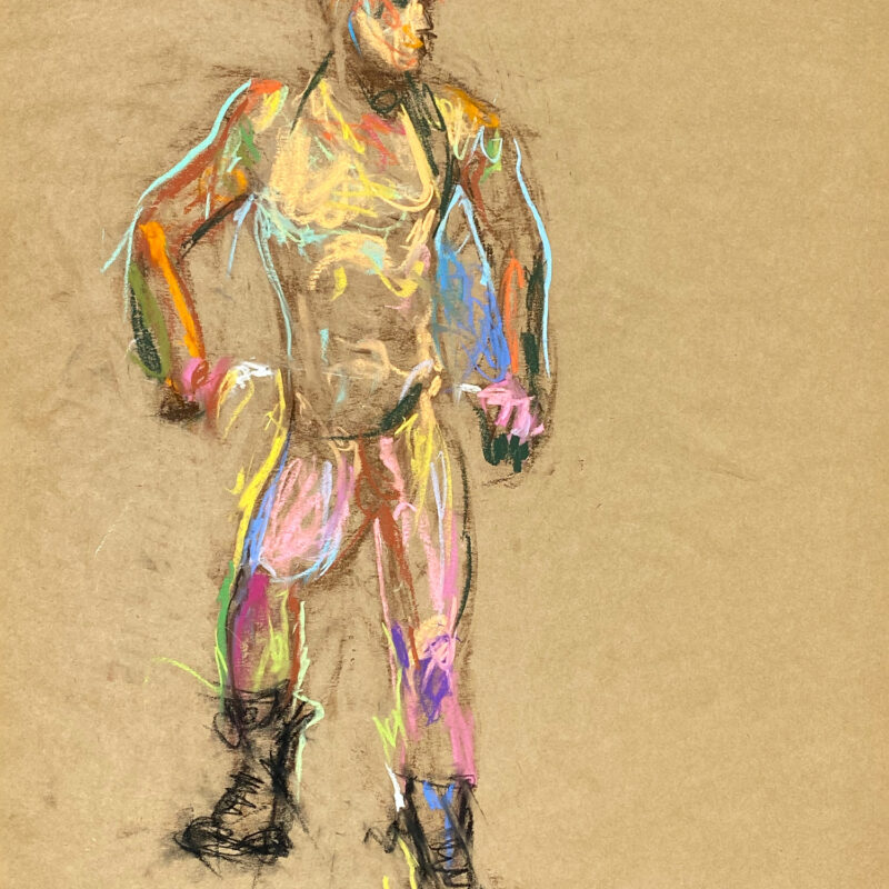 pastel drawing of male model in boots
