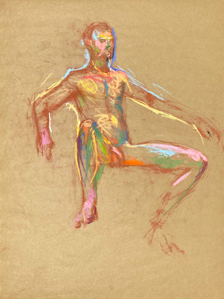pastel drawing of sitting male model naked
