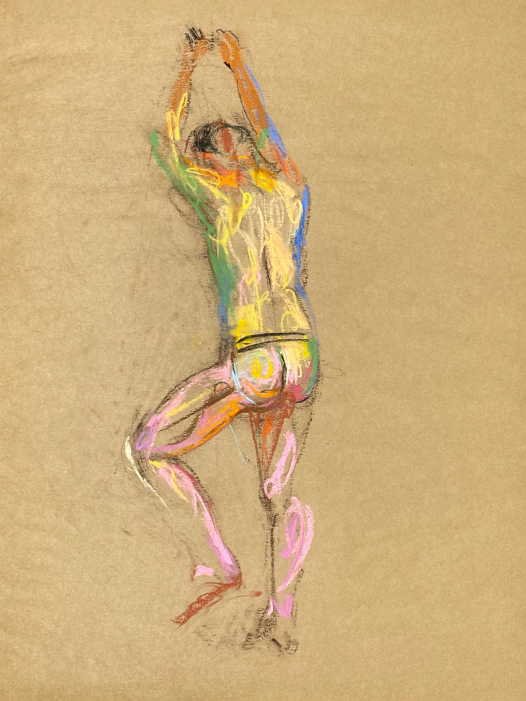 pastel drawing of male model in jocks from backside