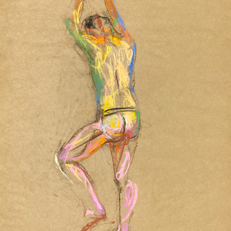 pastel drawing of male model in jocks from backside