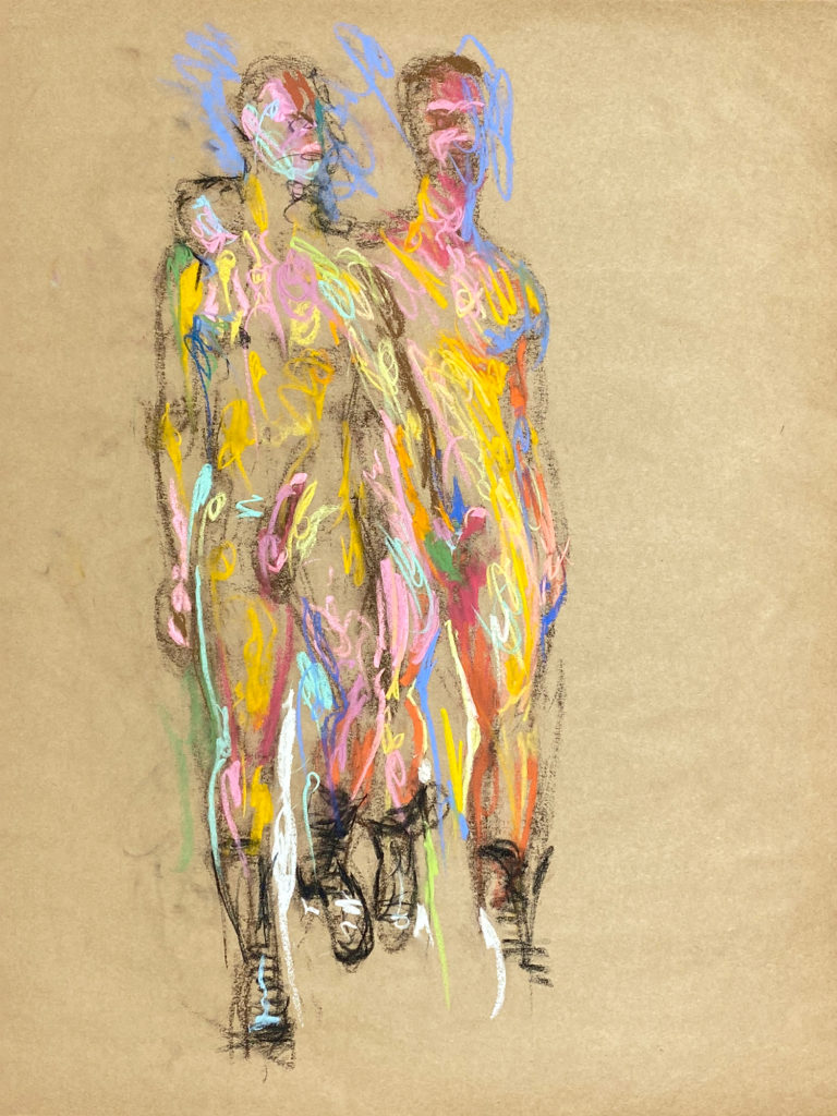 pastel drawing of two nude male models in boots