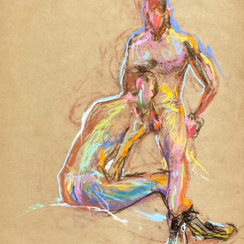 pastel drawing of two male models in boots