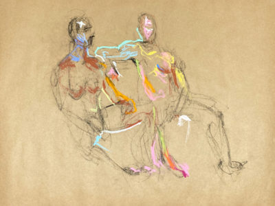 pastel drawing of two male models sitting