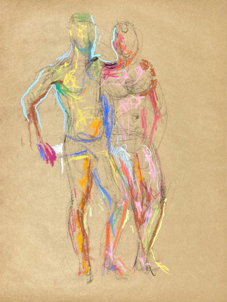 pastel drawing of two male models standing