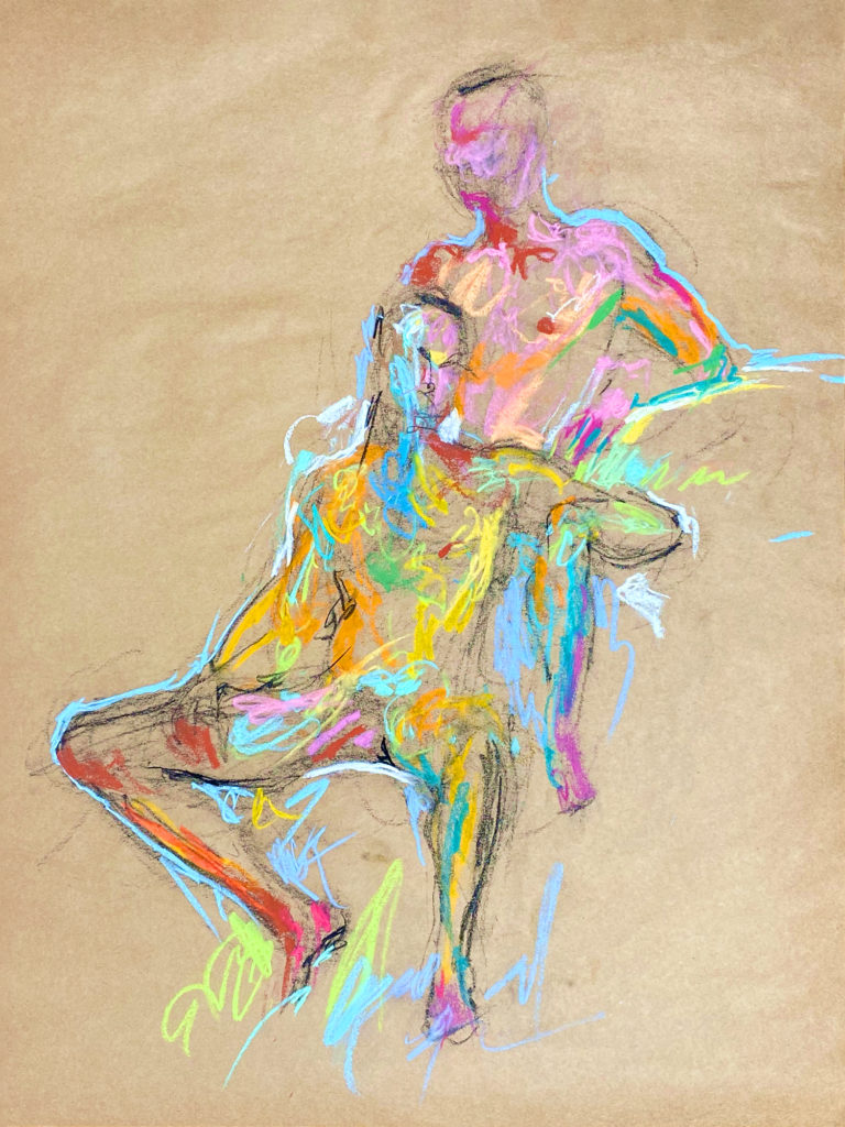 pastel drawing of two nude male models sitting