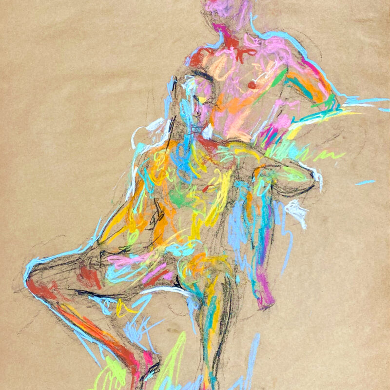 pastel drawing of two nude male models sitting