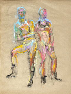 pastel drawing of two male models in boots and tanks