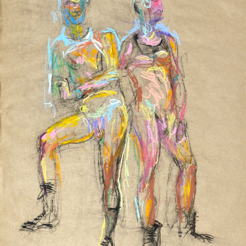 pastel drawing of two male models in boots and tanks