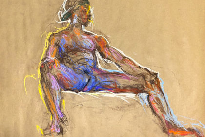 pastel drawing of nude male model reclining in baseball cap