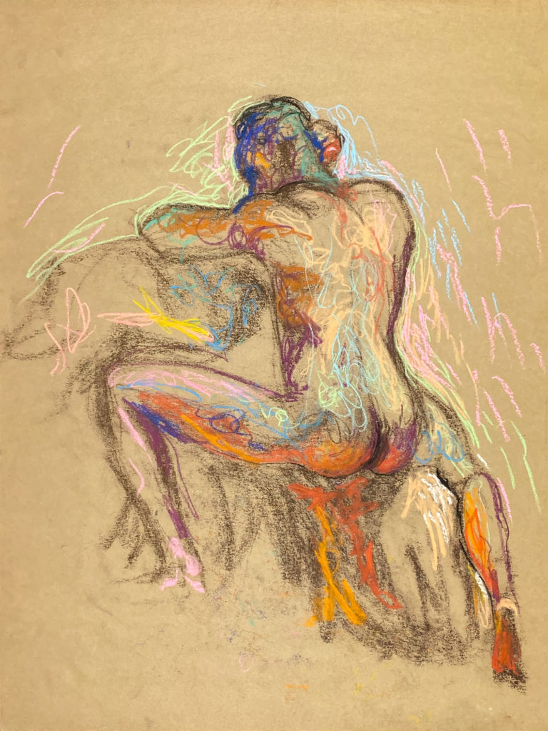 pastel drawing of naked male model sitting from backside