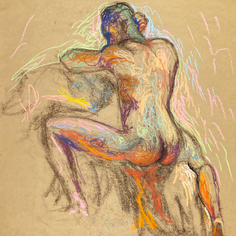 pastel drawing of naked male model sitting from backside
