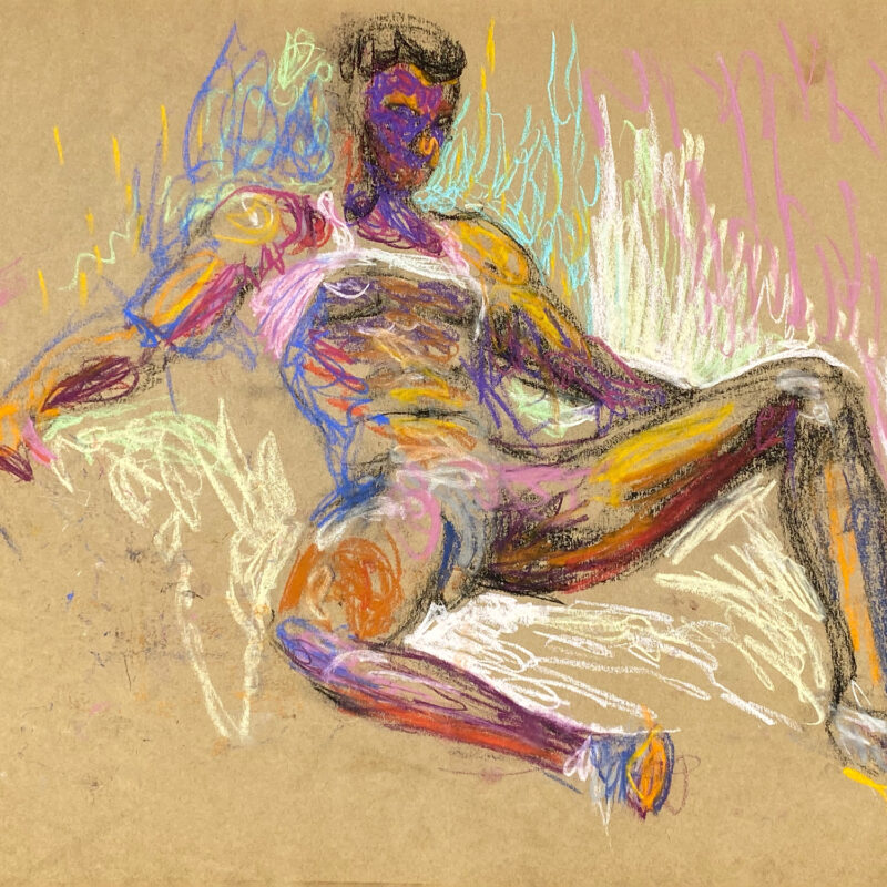 pastel drawing of naked male model reclining