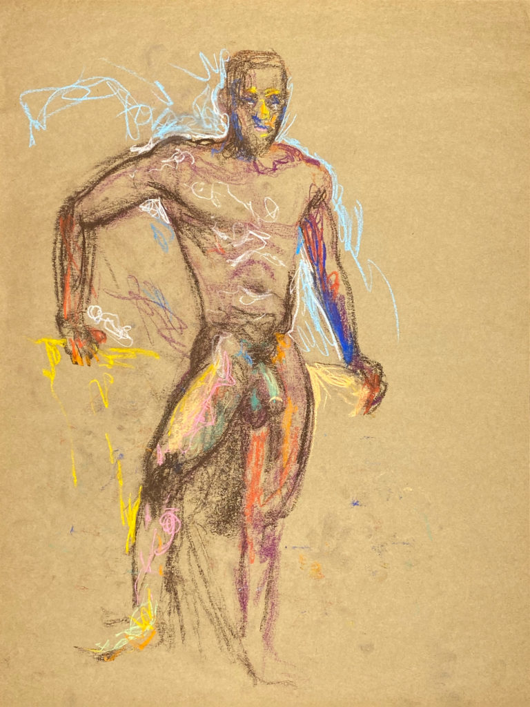 pastel drawing of nude male model standing