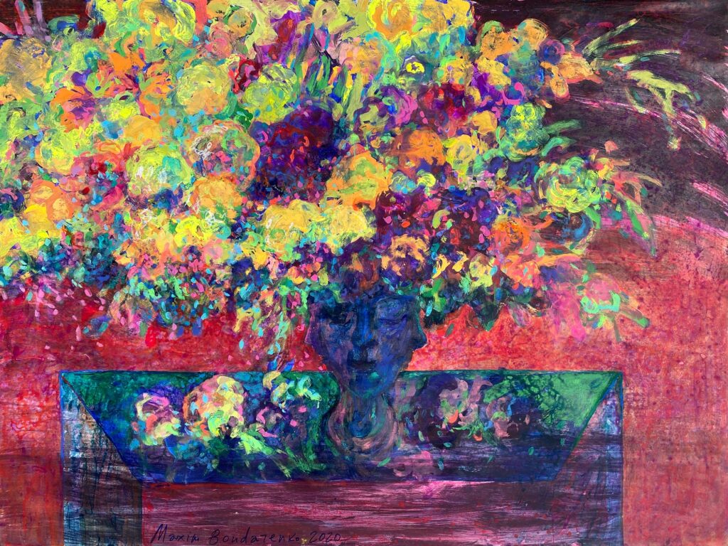 Flowers in Electric Light. 2020 Acrylic and tempera on cardboard 30" x 40" (76.2 x 101.6 cm). 2020 Acrylic and tempera on cardboard 30" x 40" (76.2 x 101.6 cm)